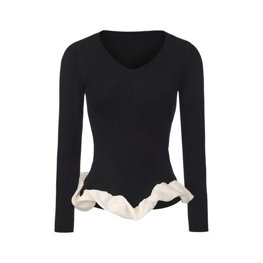 【绒夜雕塑】下摆云朵环绕拼接V领针织长袖上衣 商品图0