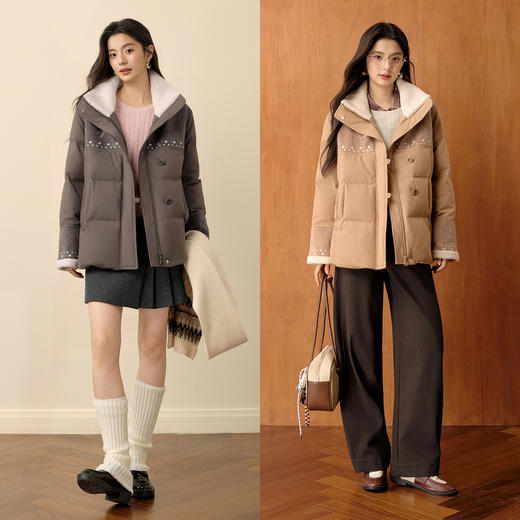【严选】诗凡黎拼接仿羊羔毛保暖面包服2025冬新款防风立领短款轻薄羽绒服7GA380341 商品图4
