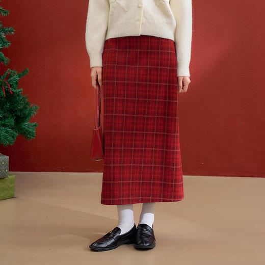 西遇复古红色棋盘格纹毛呢裙女冬季新款高腰显瘦A字半身裙V3755283 商品图1