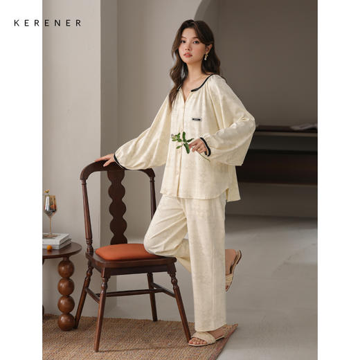 可人儿春秋季带胸垫奥力棉女士长袖长裤睡衣可外出纯棉家居服套装 商品图2