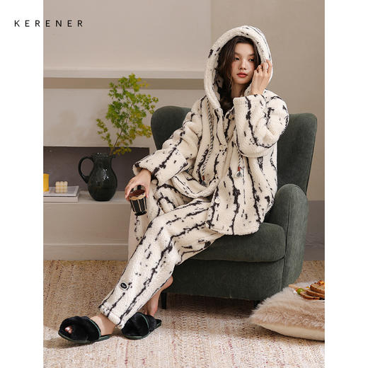 可人儿原创冬季羊羔绒女士睡衣韩系加厚保暖可外穿珊瑚绒家居服 商品图3
