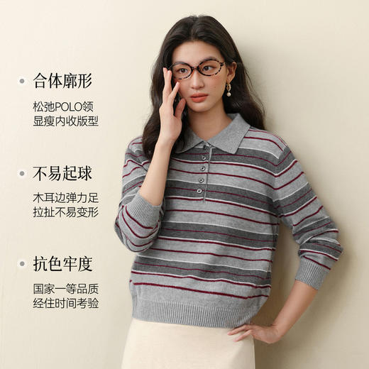 【严选】诗凡黎不规则撞色条纹Polo针织衫2025冬新款高智通勤显瘦长袖毛衣7GA433311 商品图3