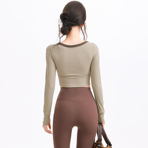 跃牌【禅语梵心】裸感撞色微笑领瑜伽服长袖半固定杯跑步修身运动文胸健身服上衣CX5697 商品图4