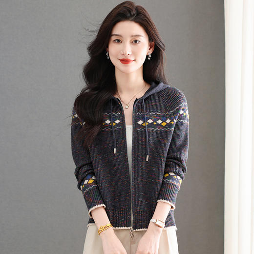 YD87972025秋冬新款连帽领长袖针织衫宽松休闲上衣外套毛衣开衫女 商品图1