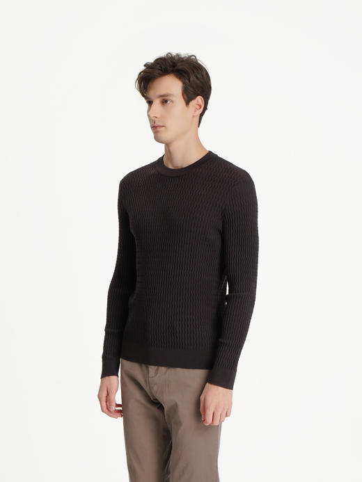 callisto咖色舒适圆领立体波浪纹提花毛衣 商品图3