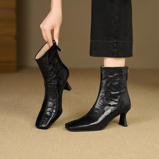 【预售5天】法式方头百搭粗跟短靴女头层手抓羊皮高跟瘦瘦靴复古风踝靴HHY&HH9107 商品图4