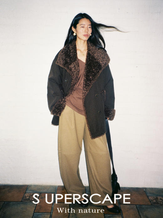 素舶 游牧风毛绒内里大翻领格纹中长款外套 商品图0