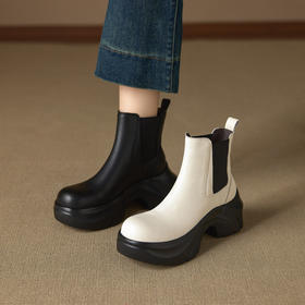 【预售5天】真皮厚底小个子切尔西靴女短靴新款秋冬马丁靴白色烟筒靴YMT&A3475