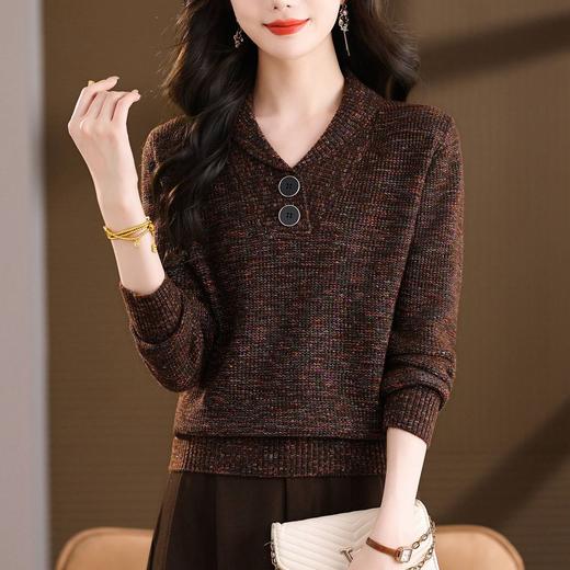 X26761-148复古V领双扣亮丝针织衫女酒红色气质外穿宽松毛衣短款冬季打底衫 商品图1