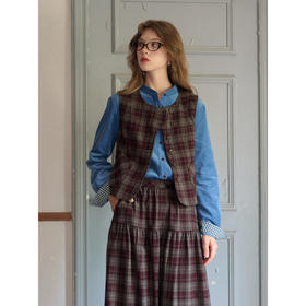 SimpleRetro冬日回响 复古学院风磨毛格纹马甲背心半身裙套装女秋