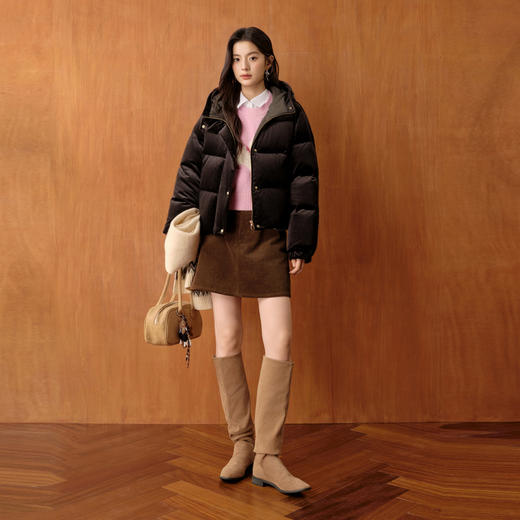 【严选】诗凡黎经典丝绒哑光短款羽绒服2025冬新款加厚保暖防风连帽面包服7GA380351 商品图1