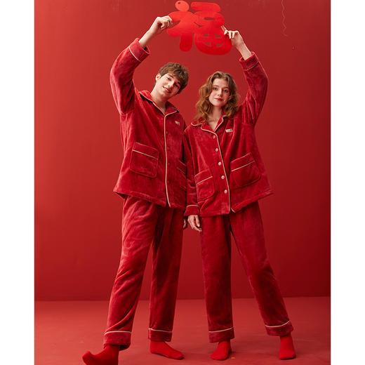 芬腾情侣睡衣秋冬季珊瑚绒套装女款加绒红色本命年结婚男士家居服 商品图3