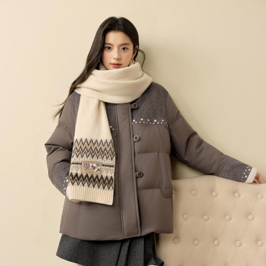 【严选】诗凡黎拼接仿羊羔毛保暖面包服2025冬新款防风立领短款轻薄羽绒服7GA380341 商品图2