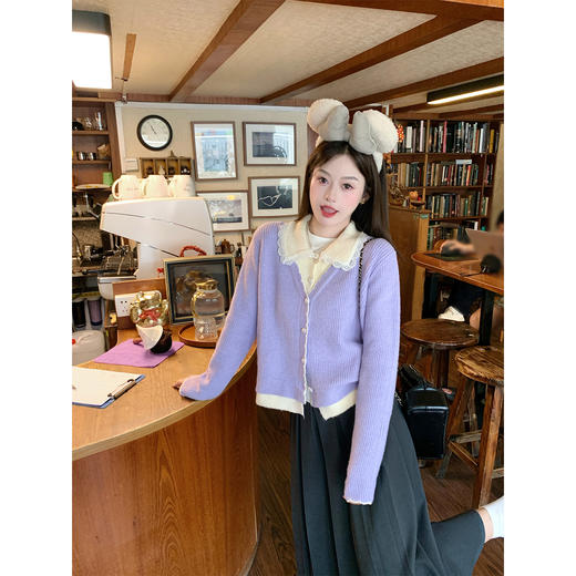 【189元任选2件】现货！紫色拼接杏色翻领毛衣开衫 商品图10