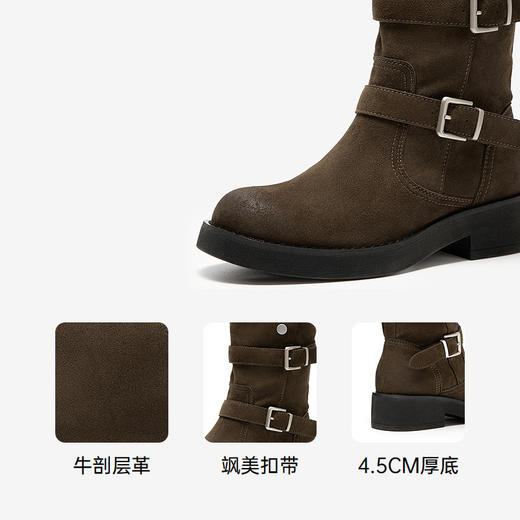 千百度美拉德西部牛仔靴女厚底踢不烂骑士靴高筒长靴A25509203 商品图3