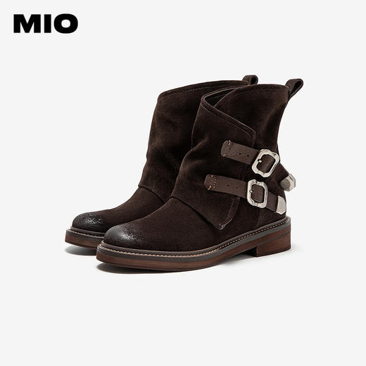 MIO米奥西部靴冬季新款圆头粗跟中筒搭扣切尔西靴复古纯色靴M255612850 商品图2