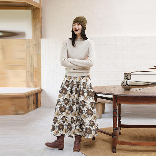 绽放731朵/全棉提花设计感半腰松紧捏褶半身中长裙女秋冬百搭裙子 商品图1