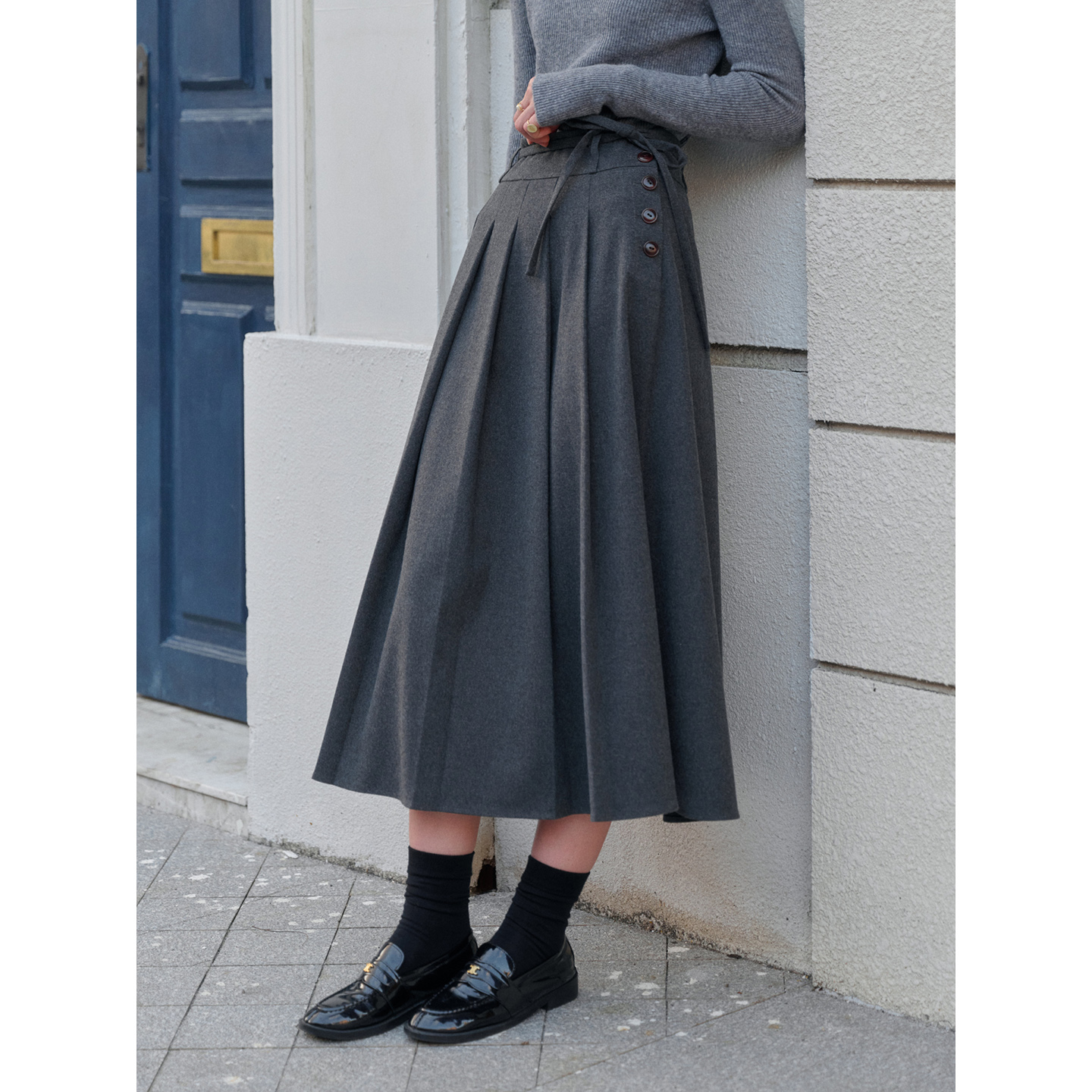 SimpleRetro伦敦雾巷 法式基础款百搭呢料磨毛百褶半身裙女a字裙