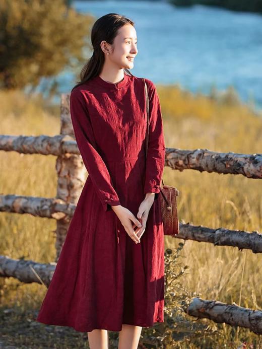 红色棉麻连衣裙中长款女装2025秋装新款春秋休闲气质长袖裙子 商品图0