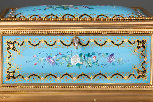 独角鹿西洋古董19世纪末法国出品铜鎏金精雕装饰天蓝地牵牛花主题布雷松珐琅彩绘描金珍宝盒 商品图7