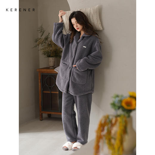 可人儿原创冬季羊羔绒女士睡衣韩系加厚保暖可外穿珊瑚绒家居服 商品图0