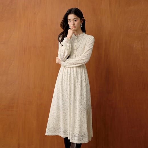 【严选】诗凡黎木耳领磨毛蕾丝连衣裙2025冬新款松紧腰淑女气质保暖打底裙7GA390811 商品图2