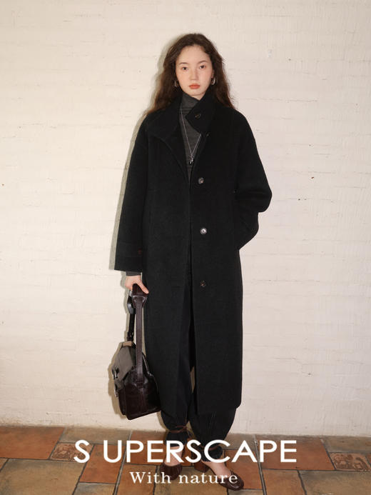 素舶 牦牛绒绵羊毛 分割线立领长款双面呢大衣 商品图3