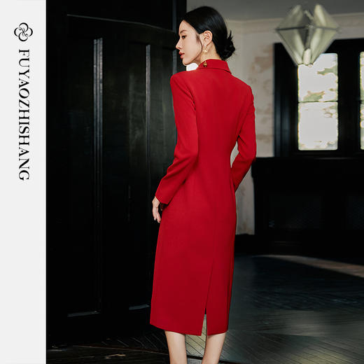 FUYAO扶摇 醋酸西装连衣裙女中国风年会妈妈婚宴礼服大红色裙子 商品图4