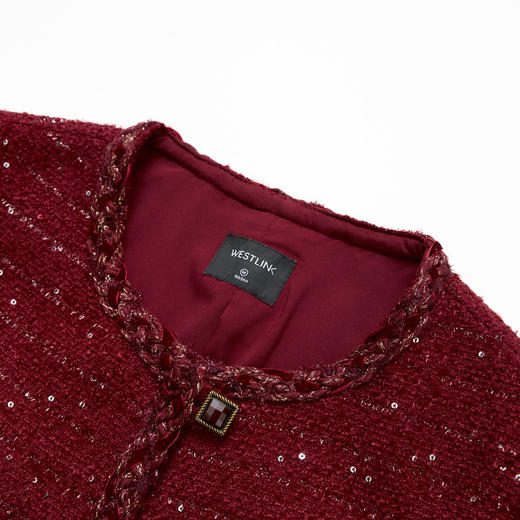 西遇复古鎏金红色小香风短款外套女冬季新款高级感粗花呢上衣V3655264 商品图5