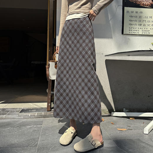 百蓝茵古菱格毛呢半身裙女秋冬韩版高腰后开叉直筒中长款一步裙★ 商品图7