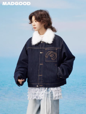 马得工地/MDGDWT13170/可拆卸毛领绗棉牛仔外套