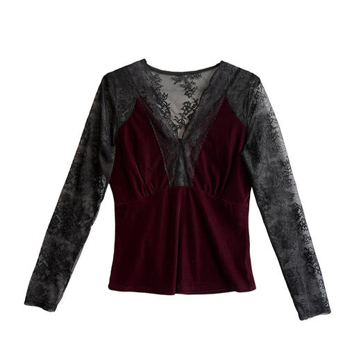 KQL A55F8731性感V领打底蕾丝衫修身显瘦加绒加厚上衣 商品图4