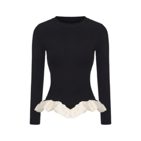 【弧光雕塑】下摆云朵环绕拼接圆领针织长袖上衣