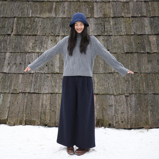 绽放726朵/热红酒·羊毛混纺针织毛呢半腰松紧捏褶休闲直筒长裤 商品图2