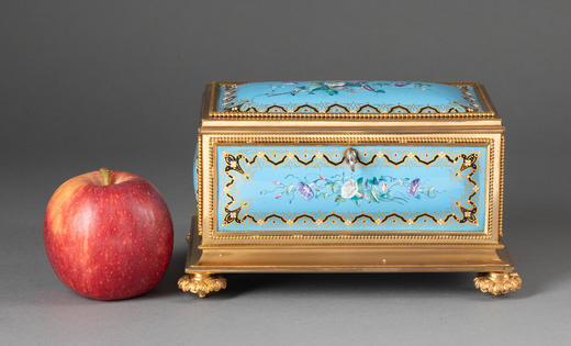 独角鹿西洋古董19世纪末法国出品铜鎏金精雕装饰天蓝地牵牛花主题布雷松珐琅彩绘描金珍宝盒 商品图1