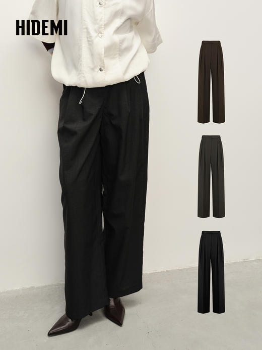 HIDEMI 精纺羊毛阔腿压褶西裤 黑色/乌木棕/深灰色 商品图0