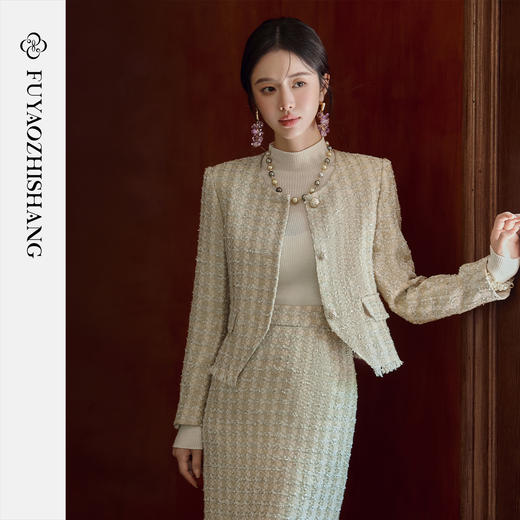 FUYAO扶摇 复古西服套装秋冬名媛小香风穿搭粗花呢加厚西装两件套 商品图0
