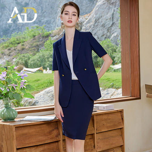 AD高级感两粒扣西服套装女藏青色职业装正式场合商务套裙工作服 商品图3