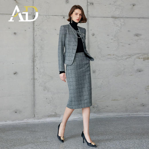 AD职业套装女秋冬两件套灰色格纹短外套2024新款韩版总裁正装套裙 商品图4