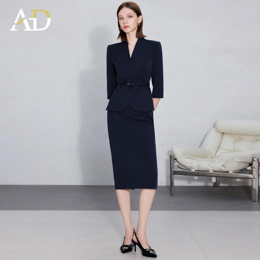 AD职场女装套装2025新款藏青色无领西装套装高级感职业装两件套裙 商品图2