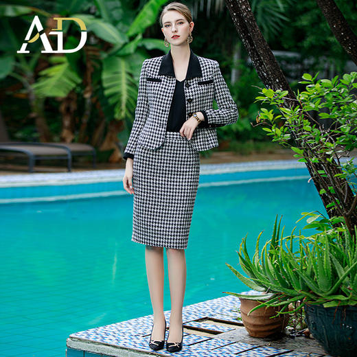 AD小香风套装裙女冬季名媛洋气法式复古千鸟格两件套西装包臀裙子 商品图1