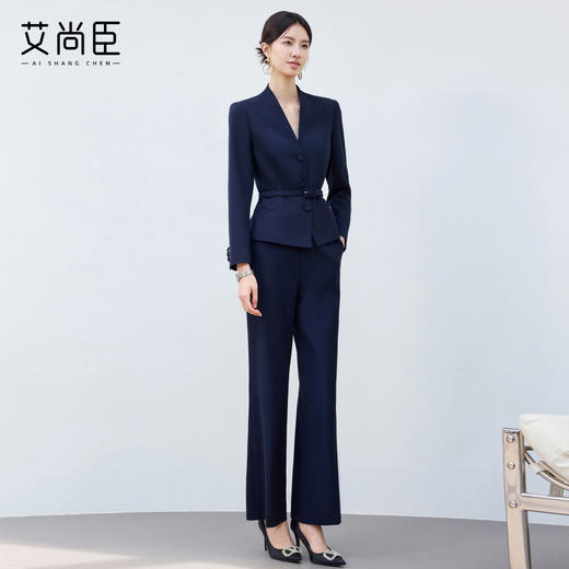 艾尚臣2025新款藏青色时尚套装V领显瘦酒店前台职业装气质工作服 商品图2