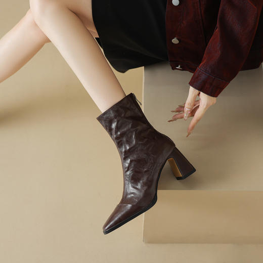 【预售5天】羊皮版~方头法式气质粗跟短靴女后拉链通勤瘦瘦靴复古马丁靴单靴WXJFG&W720 商品图2