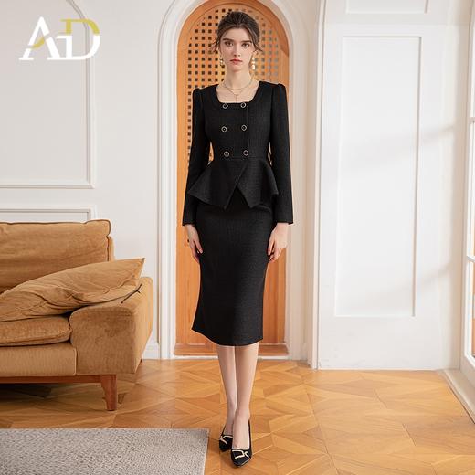 AD法式方领气质名媛两件套女韩版时尚粗花呢小香风西装套装包臀裙 商品图0
