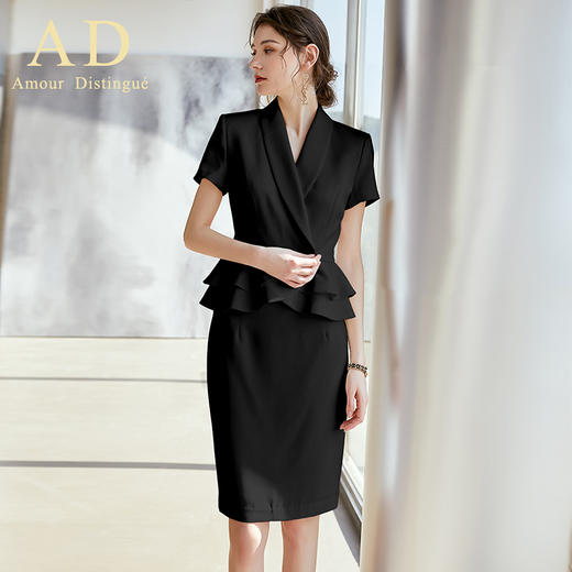 AD夏短袖职业装套装女名媛正装黑色时尚工作服气质荷叶边西装套裙 商品图3