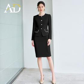 AD法式通勤西装套装女高级感珍珠圆领长袖外套黑色职业装正装半裙