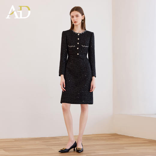 AD重工编织黑色小香风连衣裙女小个子高级感精致细闪名媛长袖裙子 商品图1