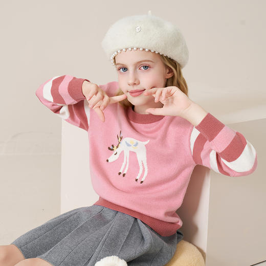 mettekids儿童100%羊绒衫2025秋冬女童森系毛衣条纹针织套头打底 商品图1