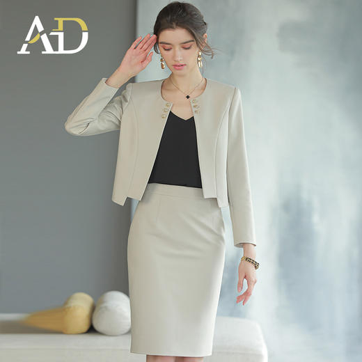 AD法式轻熟风两件套女米色短款圆领西装外套御姐范职业正装套装裙 商品图1