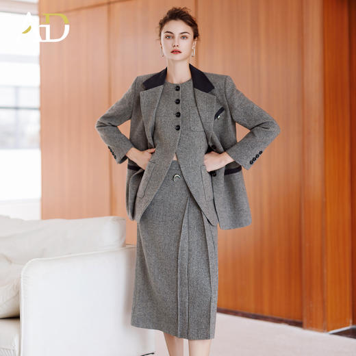 AD灰色格纹肌理感西装三件套女2025新款秋冬羊毛小香风外套半身裙 商品图1